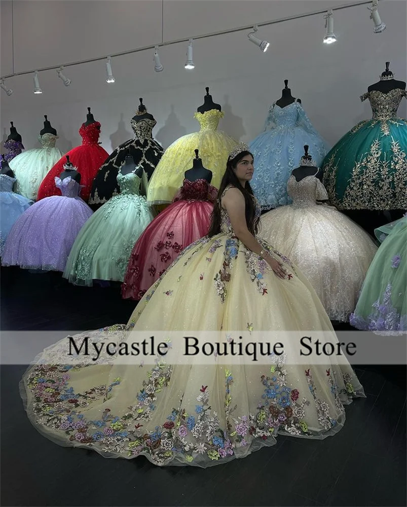 

Yellow Sweetheart Quinceanera Dresses 2023 Tulle Appliques Beading Ball Gown Sweet 16 Dress Birthday Party Vestido De 15 Años