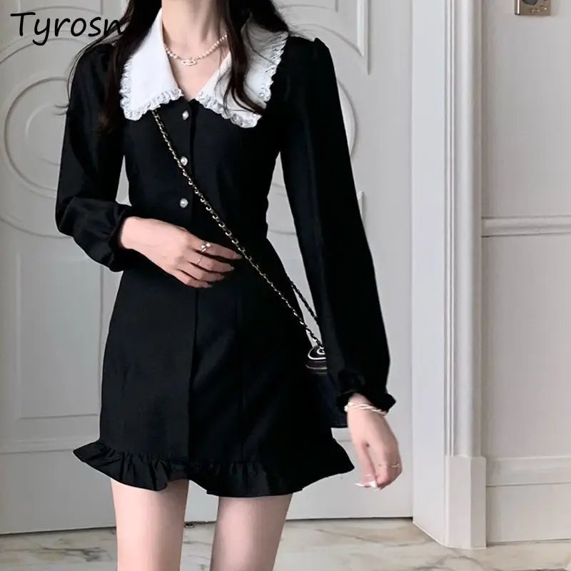 

Mini Dresses Women Sweet Korean Style Long Sleeve Peter Pan Collar Kawaii A-line Elegant Fashion Slim Spring Princess Girls