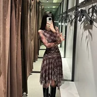 Slimming Plaid Long Sleeve Midi Dress Vintage Belted Waist Flattering Autumn Spring Fashionable Polyester Fiber round Neckline