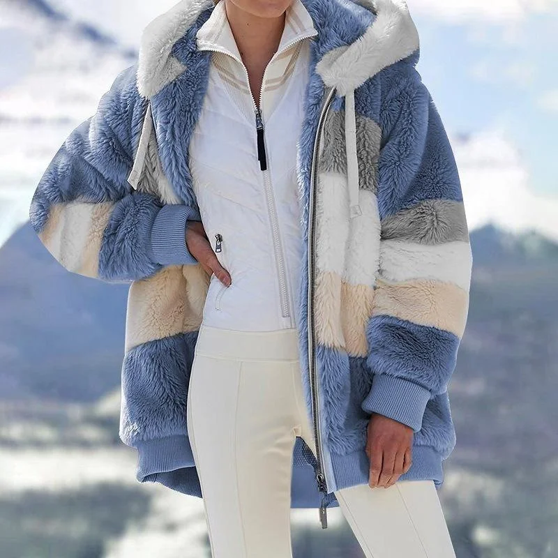 New Winter Women's Fashion Hooded Coat Warm Plush Loose Fit Women's Jacket Winter Outdoor Artificial Fur Zipper Women's Jacket