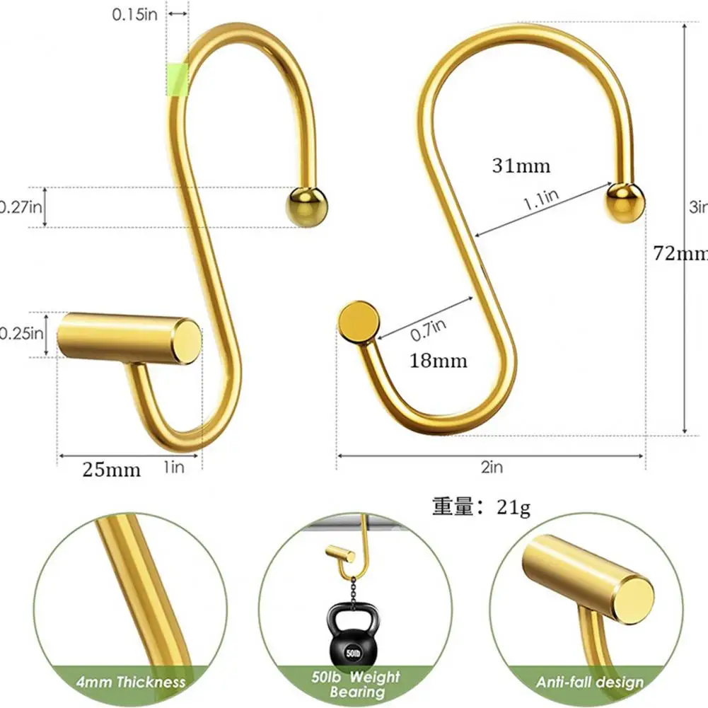 Shower Curtain Hooks Corrosion Resistant Strong Load-bearing S-Shaped Electroplated Shower Curtain Pole Hanger Hooks 12Pcs