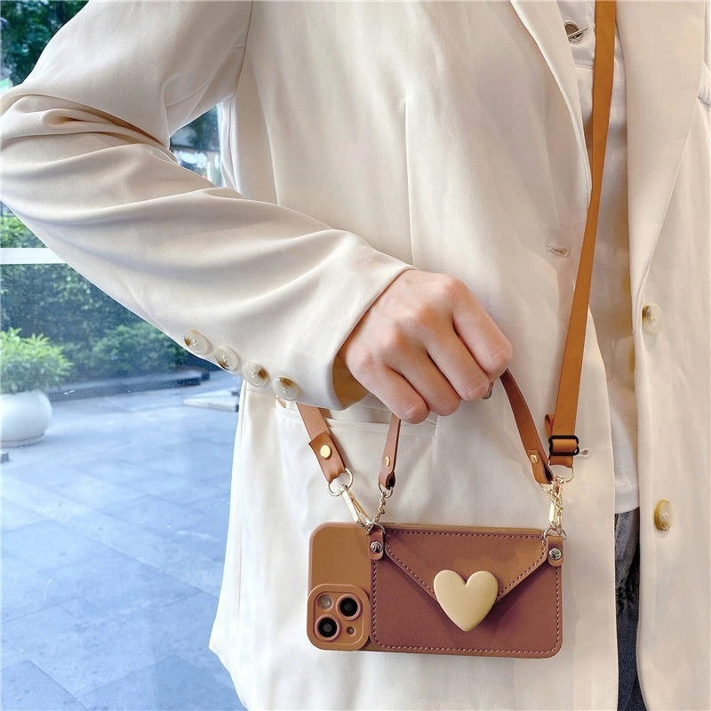 Love-Shaped Cross-Body Strap with Card Holder - Impact-Resistant Phone Case