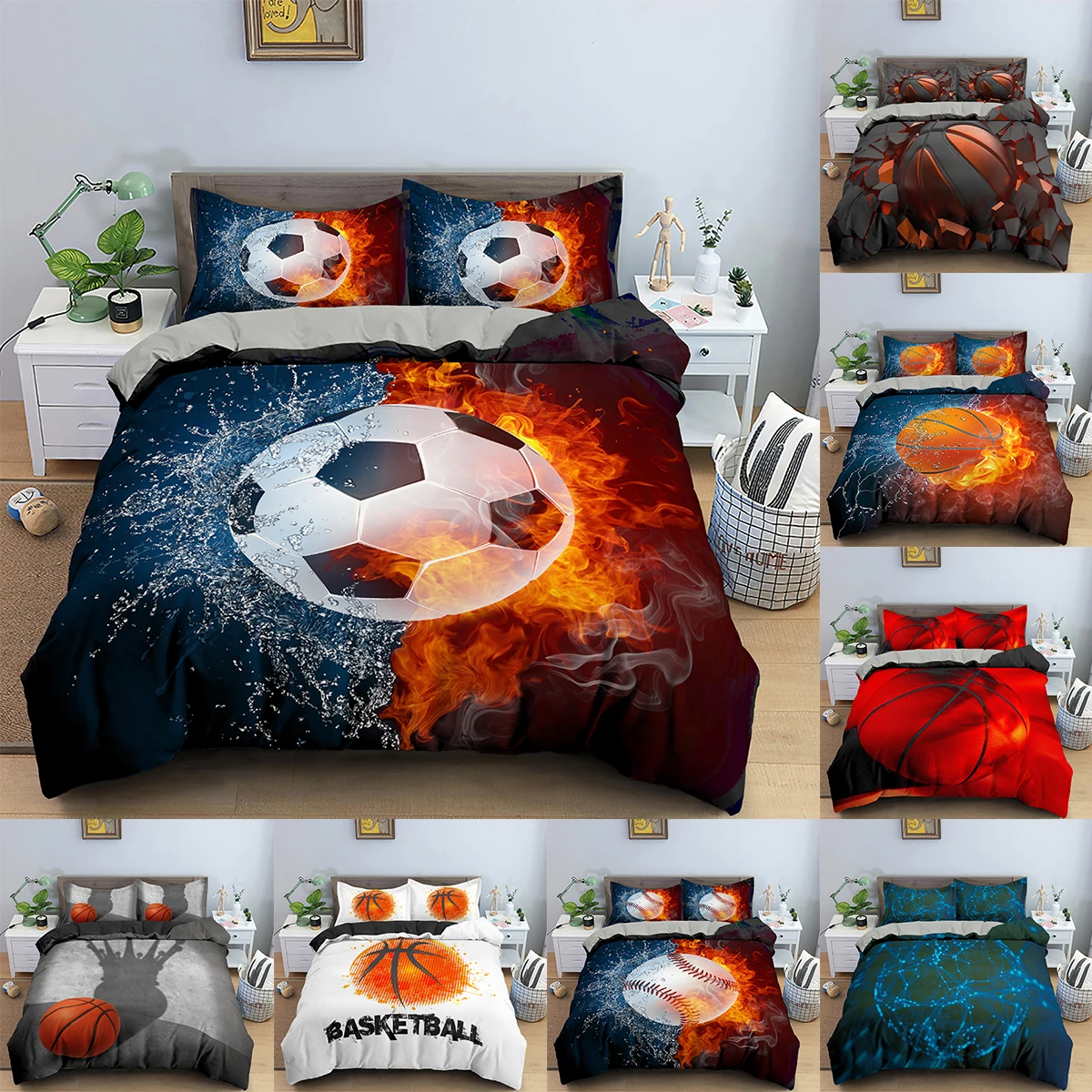 Football Bedding Set For Boys Soccer Printed Duvet Cover For Kids Queen