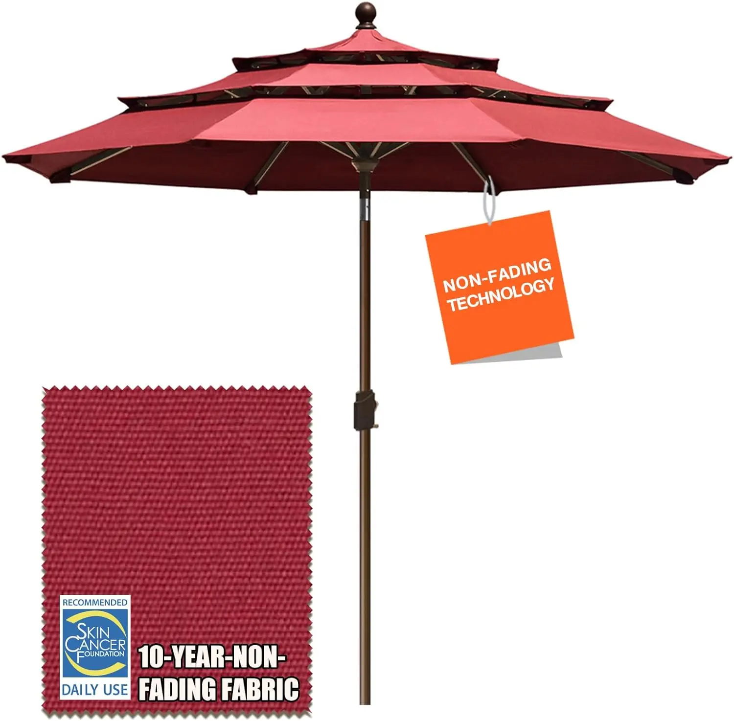 

EliteShade USA 10-Year-Non-Fading 9Ft 3 Tiers Market Umbrella Patio Umbrella Outdoor Table Umbrella with Ventilation,Burgundy