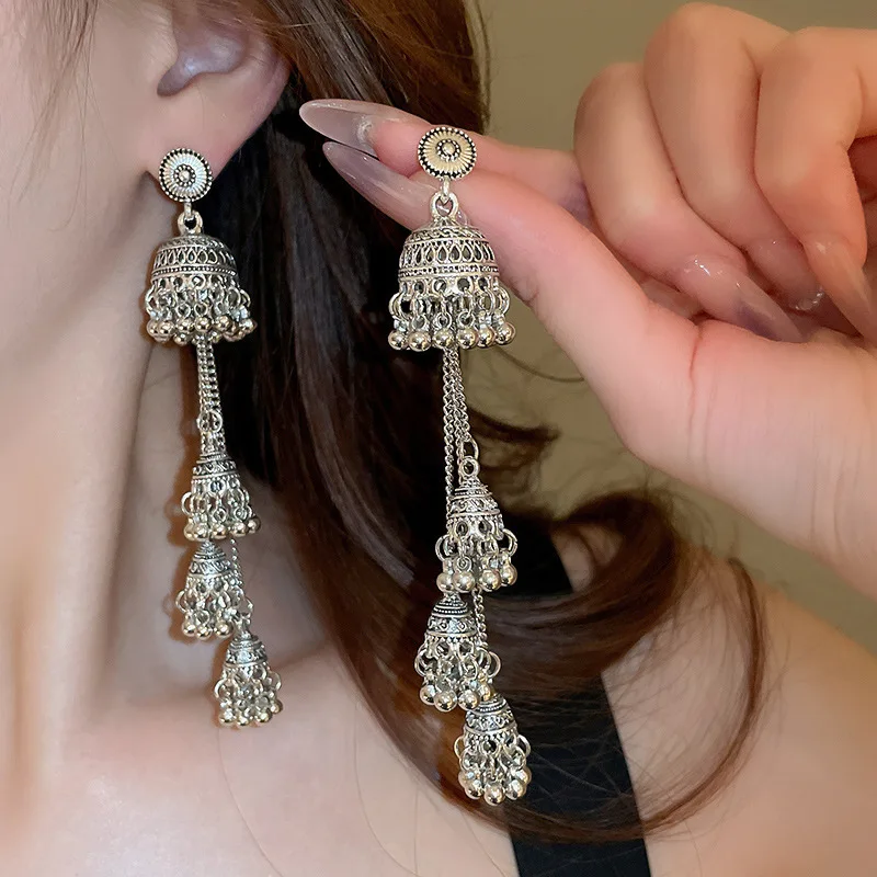 Retro Gold Color Birdcage Bell Drop Earrings for Women Mini Round Beads Long Tassel Earrings Dangle Retro Gypsy Ear Jewelry