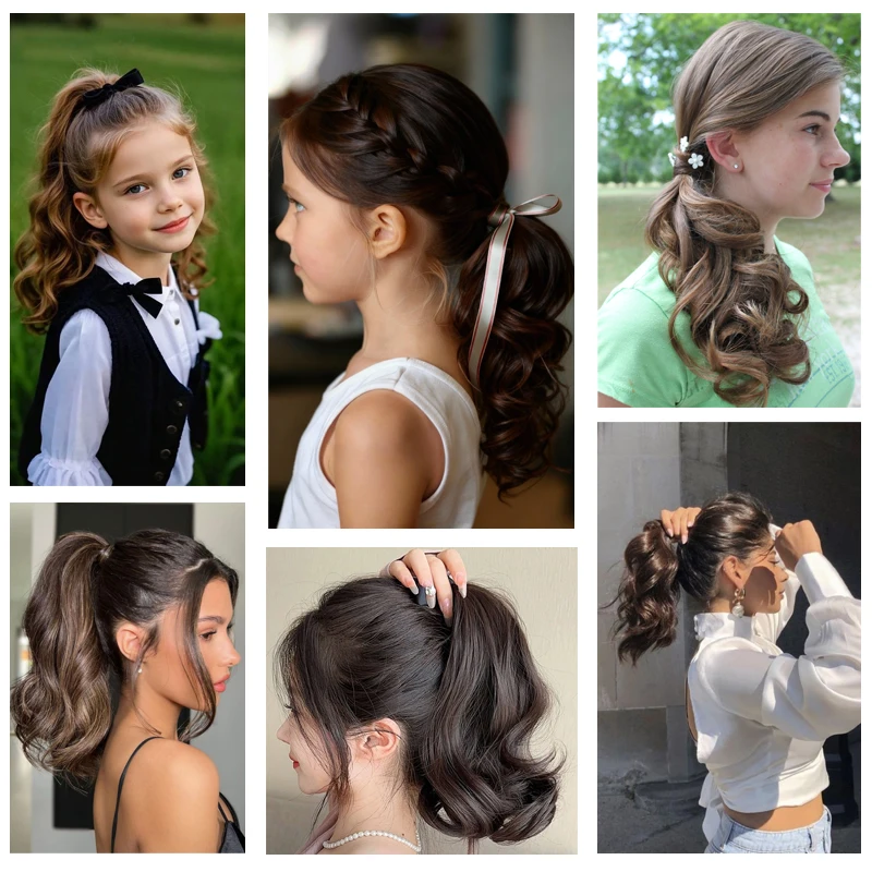 12inch Wavy Hair Ponytail Wig for Kids Girls Synthetic Ribbon Ponytail Extensions Hairpiece with Clip Short Wavy Tail for Girls