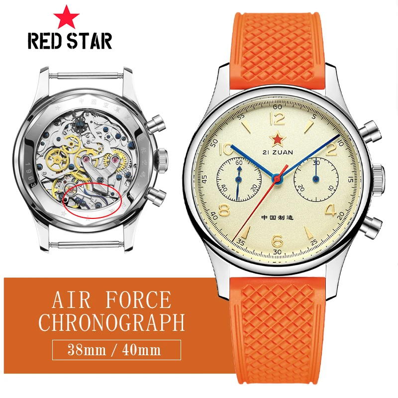 Red Star 38 40Mm 1963 Cronografo Orologio Meccanico Da Uomo Fkm Silicone Pilot Gabbiano St1901 Movimento Air Force Aviation Sapphire