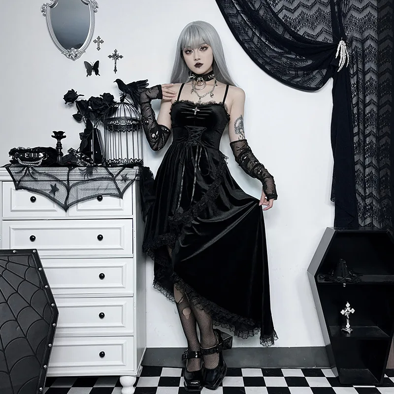 

Gothic Dress Autumn New Dark Style Sexy Lace Splicing Long Dress Influx Of People Sling Velvet Open Female Goth dress