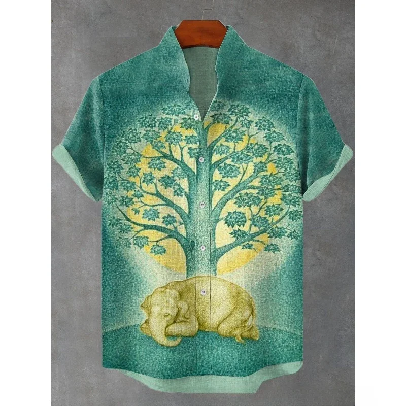 Ethnic Tribal Pattern Elephants and Leaves Printing Short Sleeve Shirt Cool Blouses Summer Stand Collar Shirts Men Hawaiian Tops 2