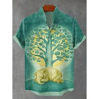 Ethnic Tribal Pattern Elephants and Leaves Printing Short Sleeve Shirt Cool Blouses Summer Stand Collar Shirts Men Hawaiian Tops 2