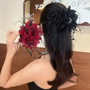 Pinces à cheveux rétro avec pompon en perles, pince à cheveux de luxe en forme de fleur, Barrettes en forme de crabe, épingles à cheveux pour femmes et filles, accessoires de fête, cadeaux 1