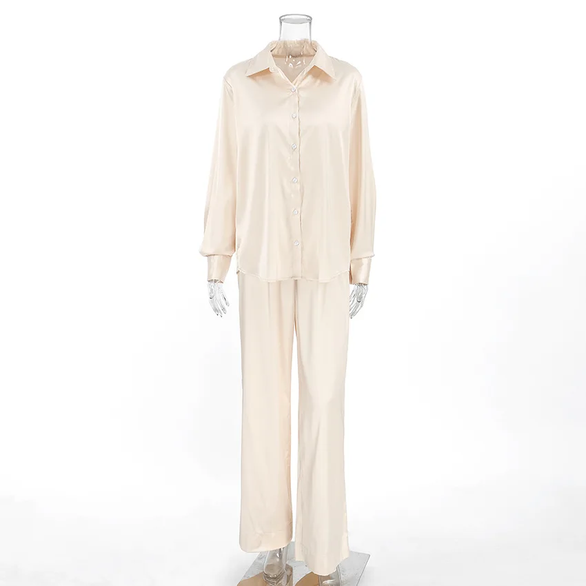 Fashion Commute 2 Piece-Set Trousers Ladies Casual Solid Shirts And High Waist Wide Leg Clothes Outfits Women's Pants Sets