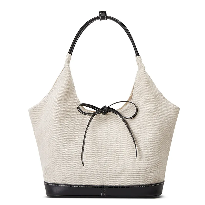 Vintage Black and White Stitching Canvas Tote Bag Large Capacity Casual Commuter Handbag Crossbody Bag for Women