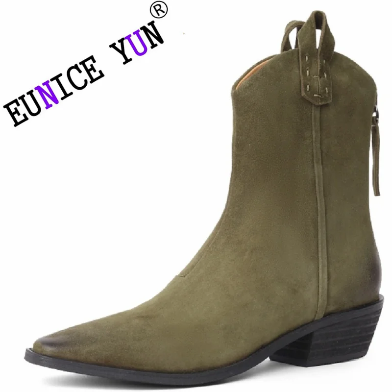 

【EUNICE YUN】classic Brand Genuine leather plain pointed toe mid-heel line craftsmanship Ladies classic delicate mid-well Boots