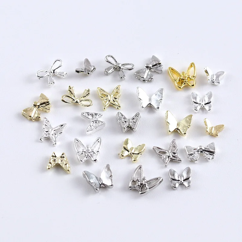 10Pcs 미니 실버 골드 합금 나비 네일 매력 3D Bowtie 부품 금속 매니큐어 액세서리 레트로 네일 아트 장식 용품
