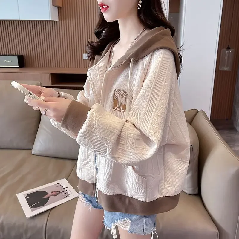 용수철 얇은 후드 맨투맨 여성, 코디하기 쉬운 루즈핏 크롭탑, 작은 재킷, 가을 시즌