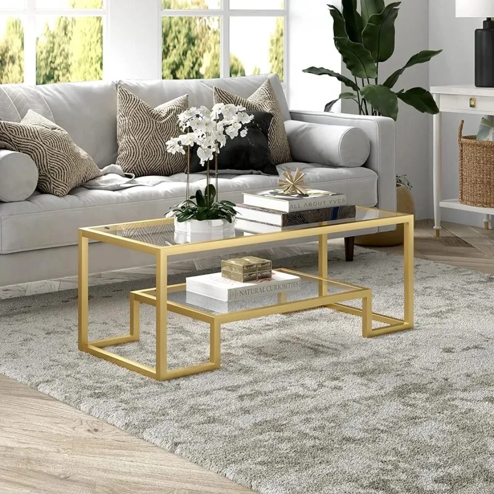 

Modern Coffee Tables for Living Room 45" Wide Rectangular Coffee Table in Brass Studio Apartment Essentials Freight Free Home