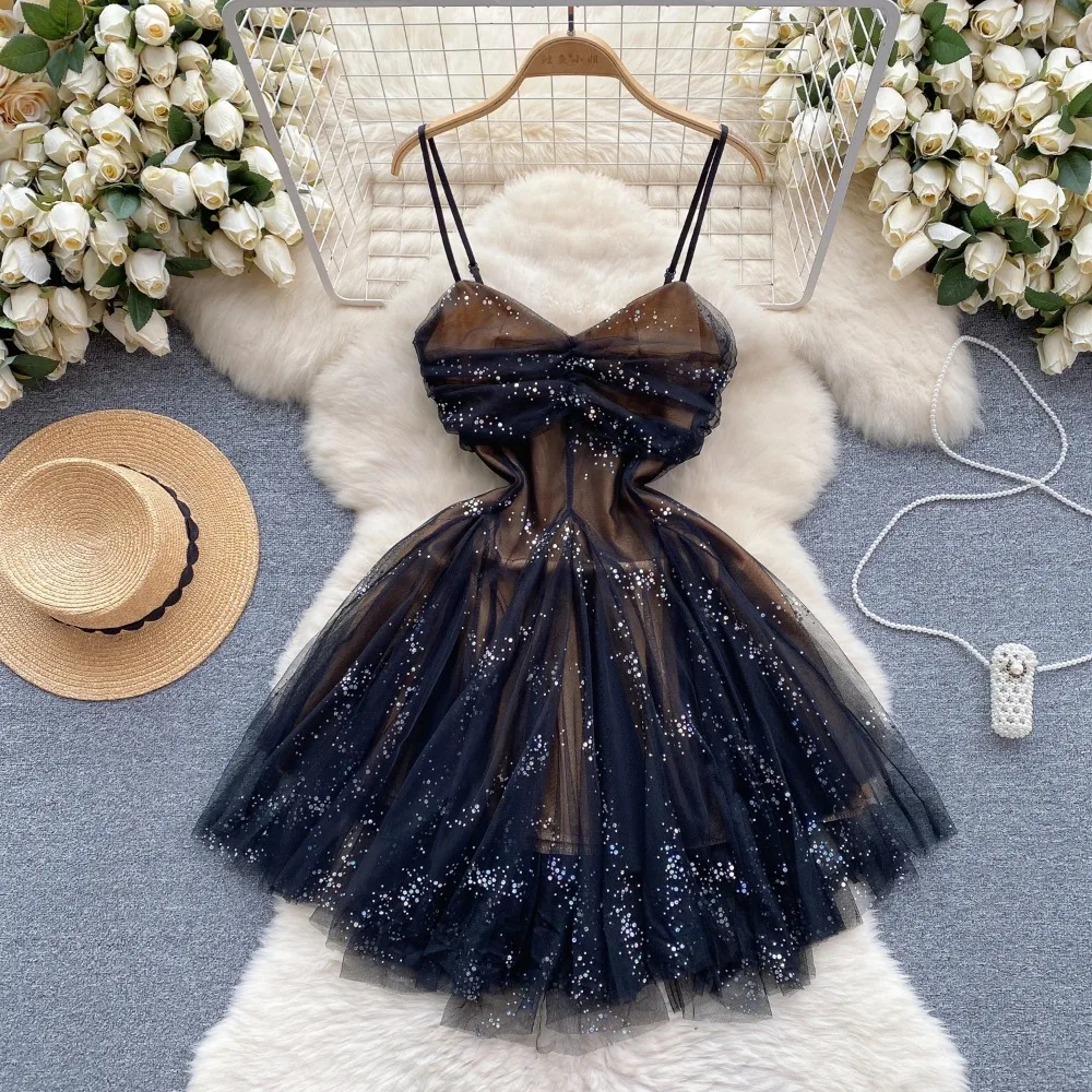 Retro Elegant Mesh Pleated Sleeveless Slip Dress Casual High Waist Dress  Women Ceremonial A-line Dress - AliExpress