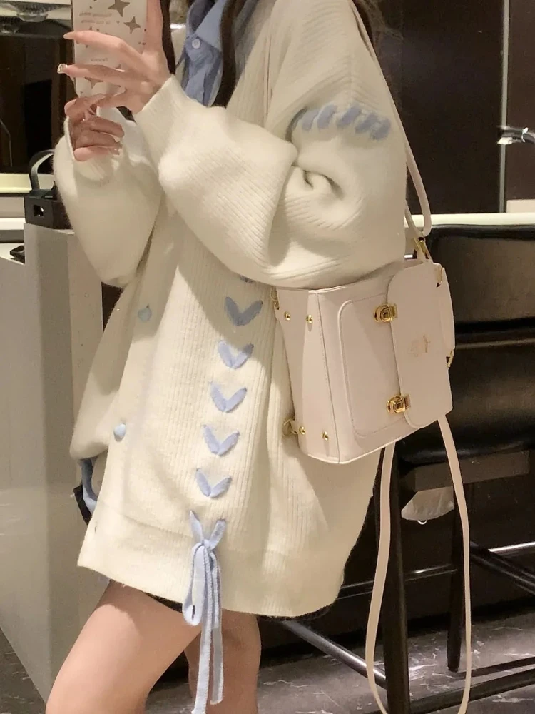 여성용 프레피 브이넥 가디건 스웨터, 귀여운 레이스업, 카와이 여학생 긴팔 니트웨어 코트, 한국 버전, 가을
