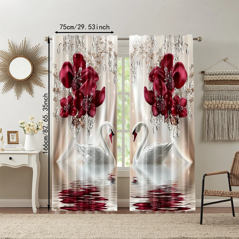 2Pcs Digital Printed Rod Pocket Window Curtain Swan Flower Pattern Window Drapes For Bedroom Living Room Home Decor Design For 3