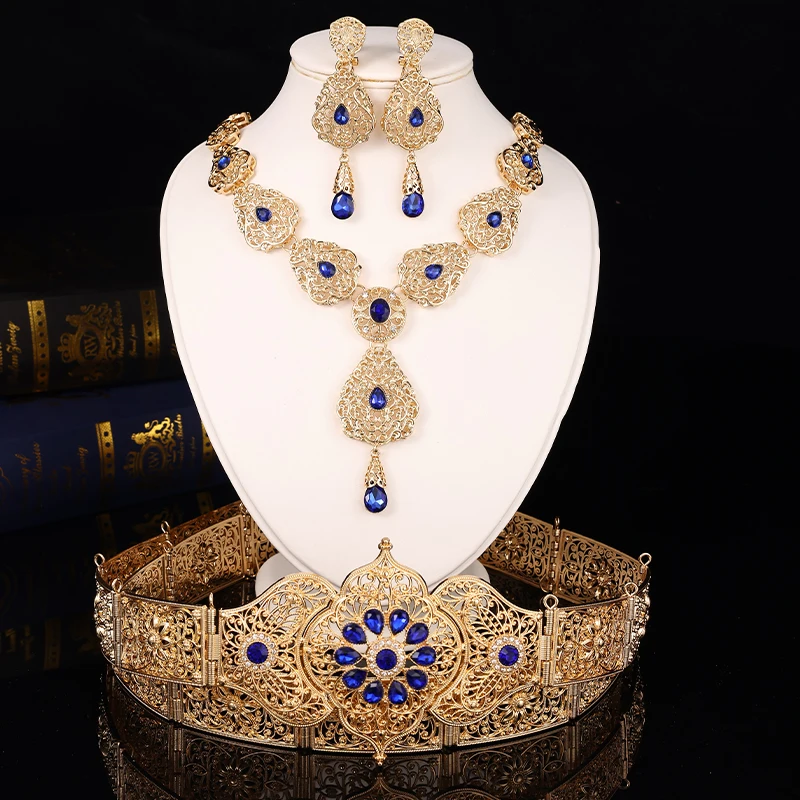 

Luxury Chic Wedding Caftan Jewelry set Belt Adjustable Length Moroccan Bride Body Jewelry Necklace Earrings Waist Chain Set
