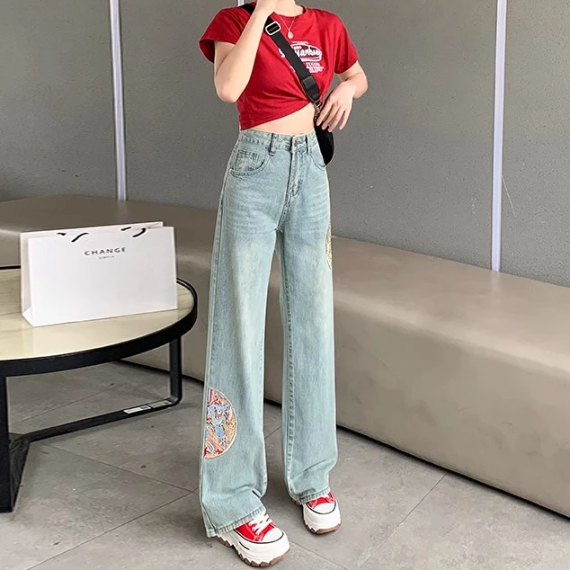 New Chinese high-waisted wide-legged jeans women's new country style embroidery thin narrow version of straight drag pants