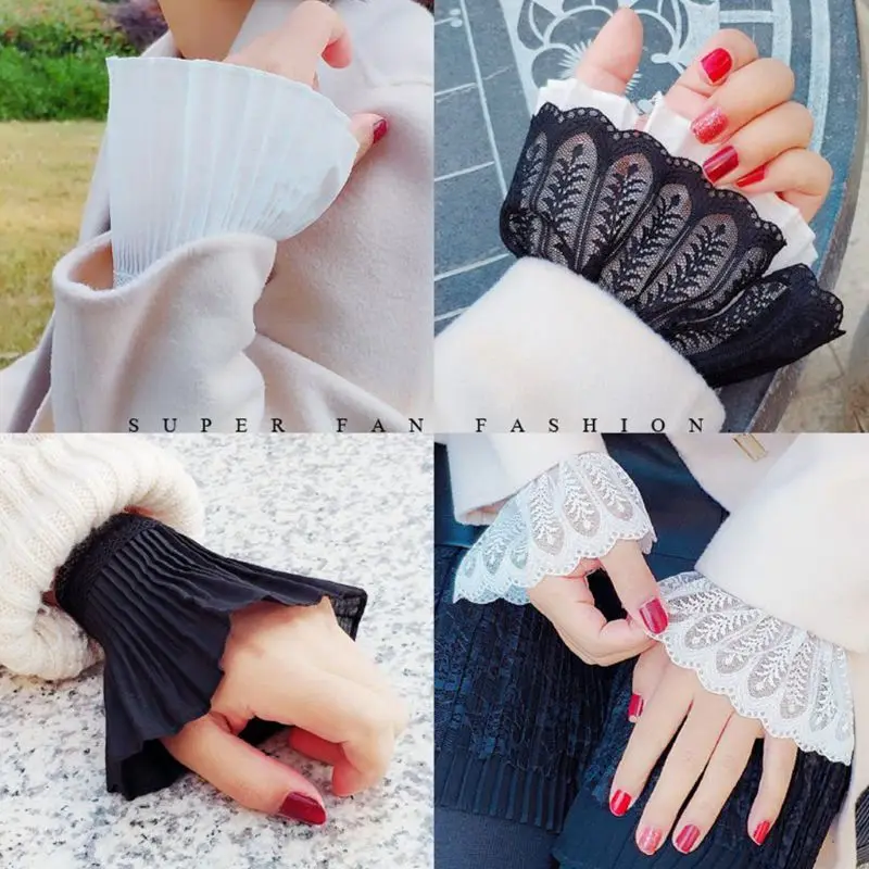 

1Pair Elegant Floral Lace False Cuffs Pleated Horn Cuffs Detachable Shirt Fake Sleeve Cuffs Wrist Warmers for Women Dropship