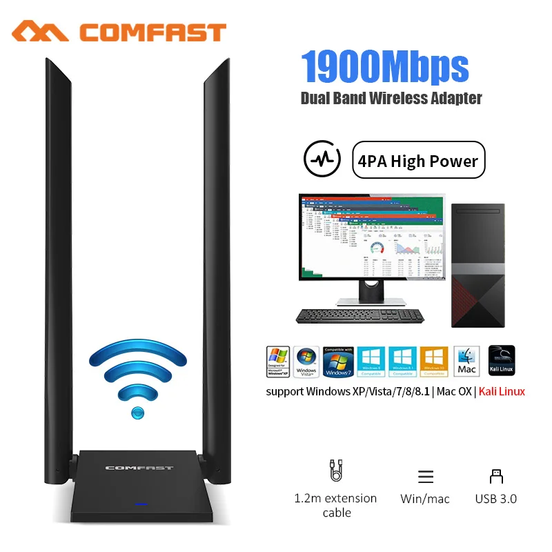 1300Mbps MT7612U/RTL8814AU Gigabit Network Card 5.8 GHz USB WiFi Receiver Dual Band Desktop Wireless Linux Wi-fi Adapter Antenna