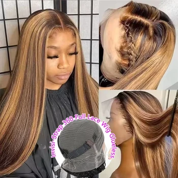 4/27 Highlight Wig Human Hair 360 Full HD Transparent Lace Frontal Wigs Brown Ombre Bone Straight Human hair Wig For Women