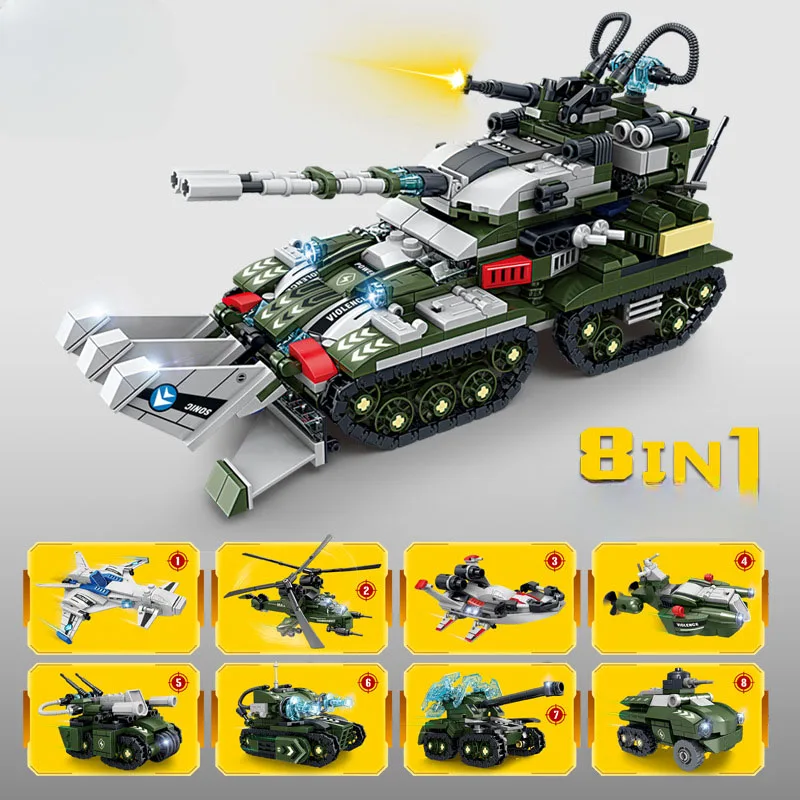 

8 in 1 Military Soviet Tank Block DIY Mini Helicopter Warship Submarine Building Brick Toys For Boy Kids