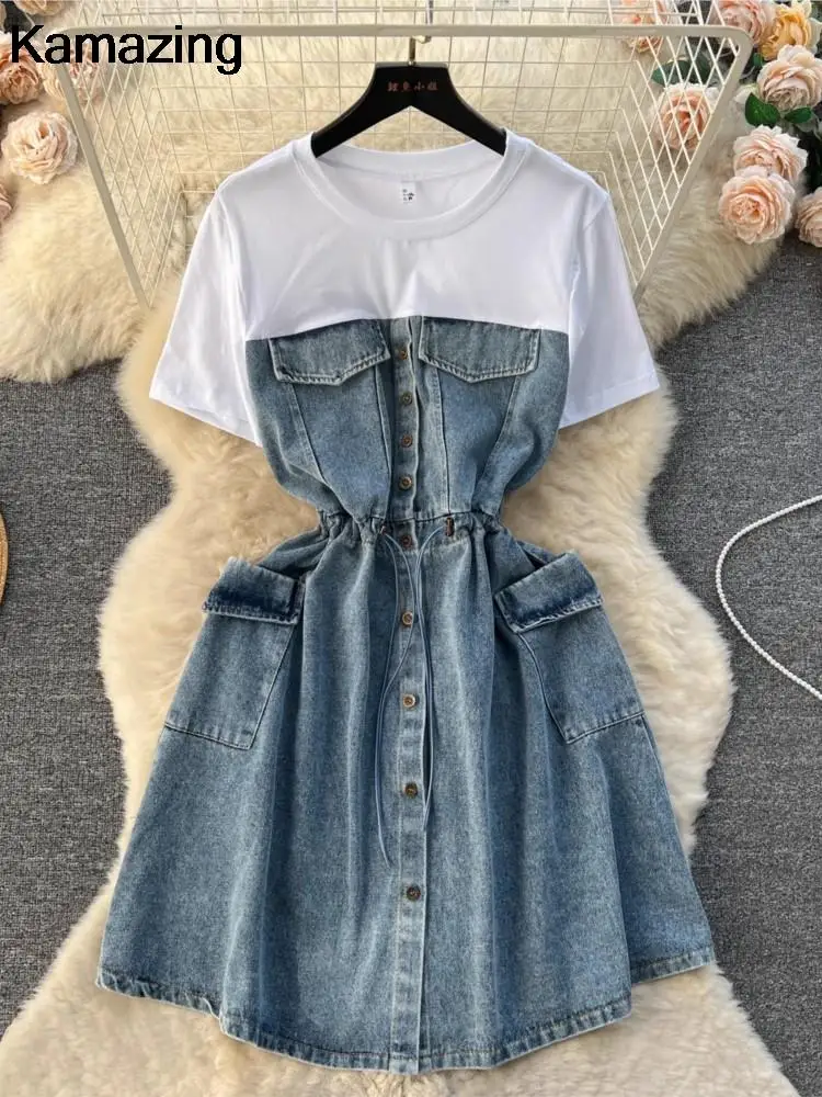 

Платье женское джинсовое однобортное, модная винтажная уличная одежда в стиле пэчворк, с коротким рукавом, повседневная одежда на лето