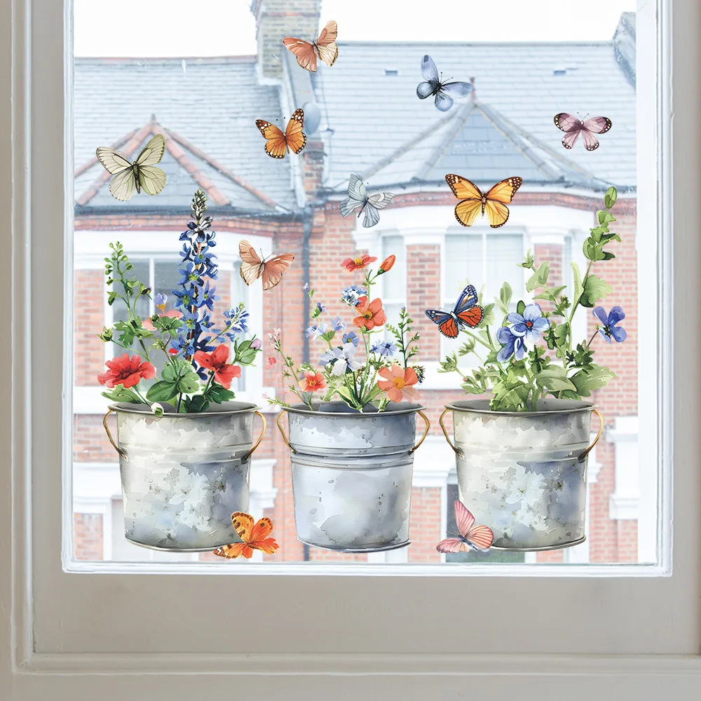 Window Stickers 1PCS Art Iron Bucket Flower Pot Butterfly Glass Doors Windows Home Beautify Uv Static Electricity