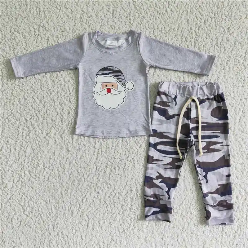 

2022 Rts Toddler Apparels Wholesale Santa Claus Print Child Boys Christmas Clothes Boys Grey Clothing Set Kids Boy Camo Outfits