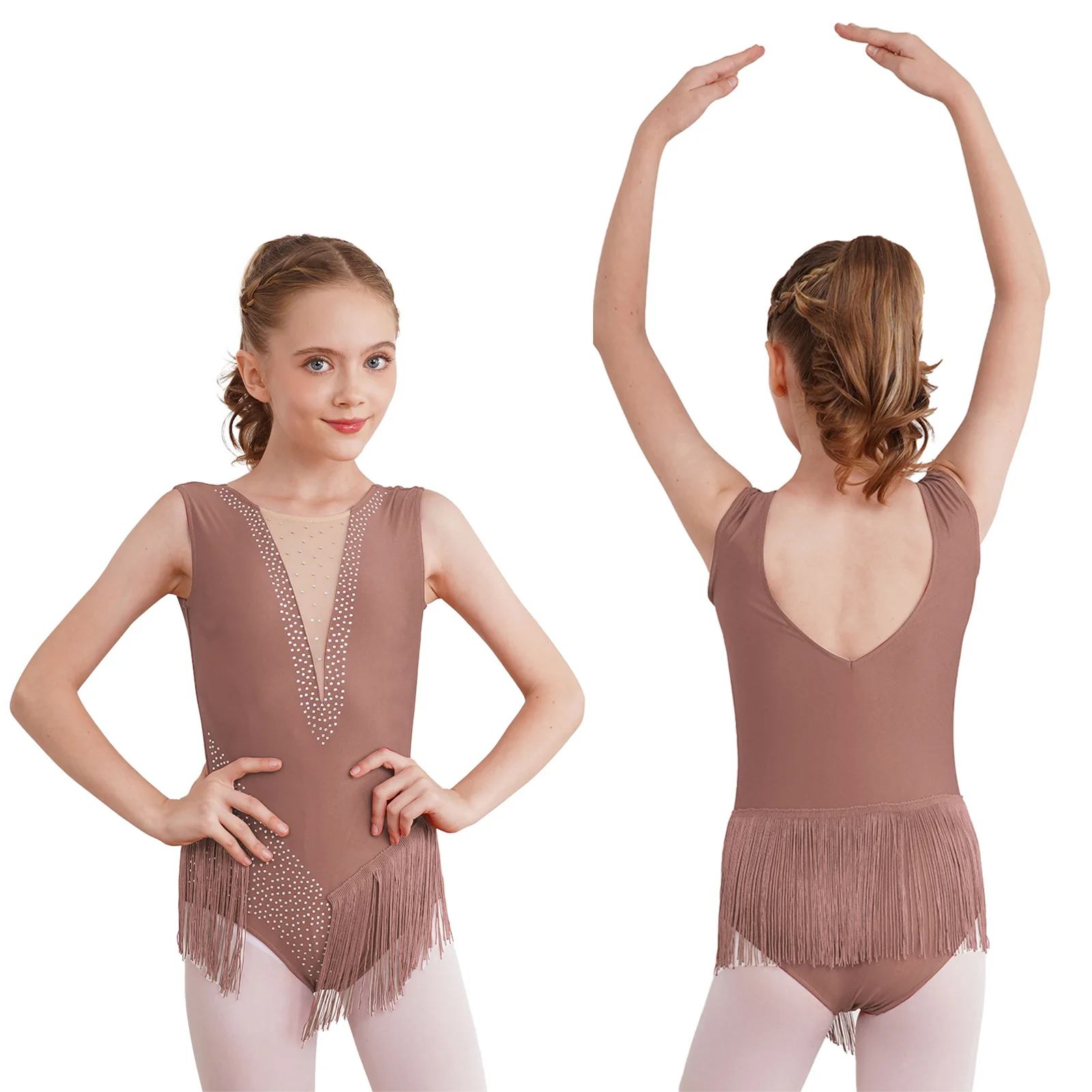 thumbnail image 1 of Niños Niñas Gimnasia Rítmica figura artística patinaje mono Ballet danza brillante borla de diamantes de imitación leotardo con flecos mono, 1 of 5