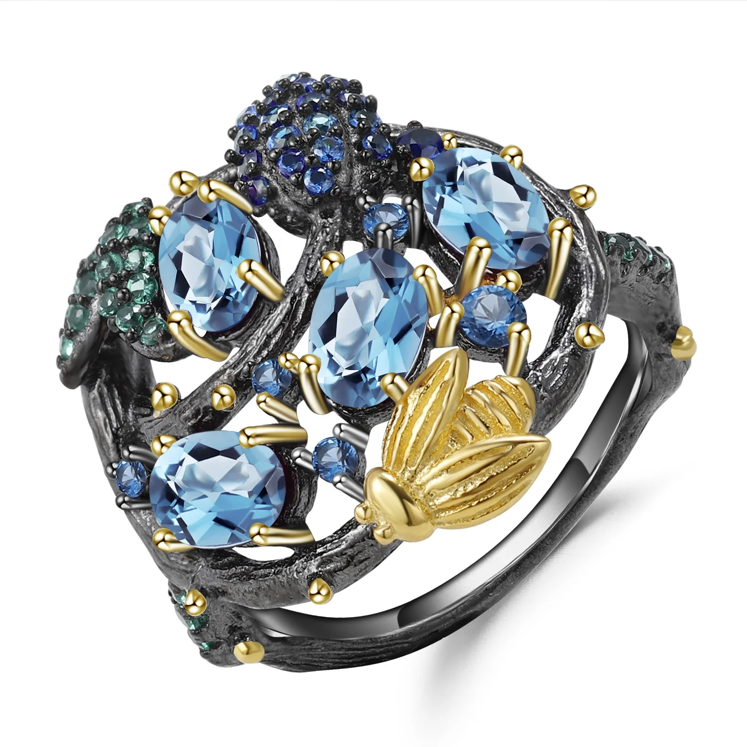 

C7750 Abiding Luxury Natural Style 925 Sterling Silver Handmade Fine Jewelry Natural Swiss Blue Topaz Ring Gold Bee Rings