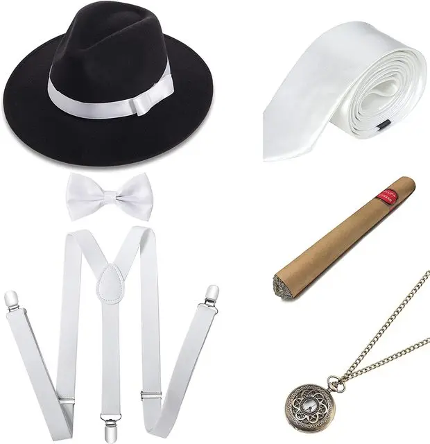 Costume Da Gangster Anni 20 - Set 4 Pezzi Con Cappello Panama, Cravatta, Occhiali E Baffi - Foto 8