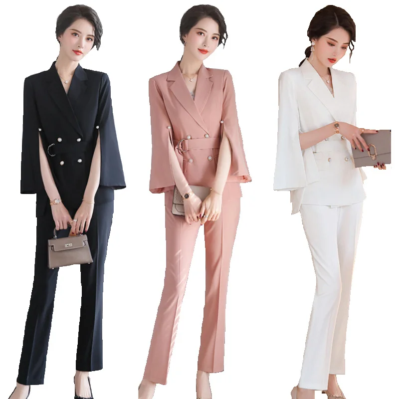 

New Fashion Conjuntos Feminino Elegante Women Pants Suit With Belt Spring Autumn Wrist Sleeve Blazer and Trousers Two Piece Set