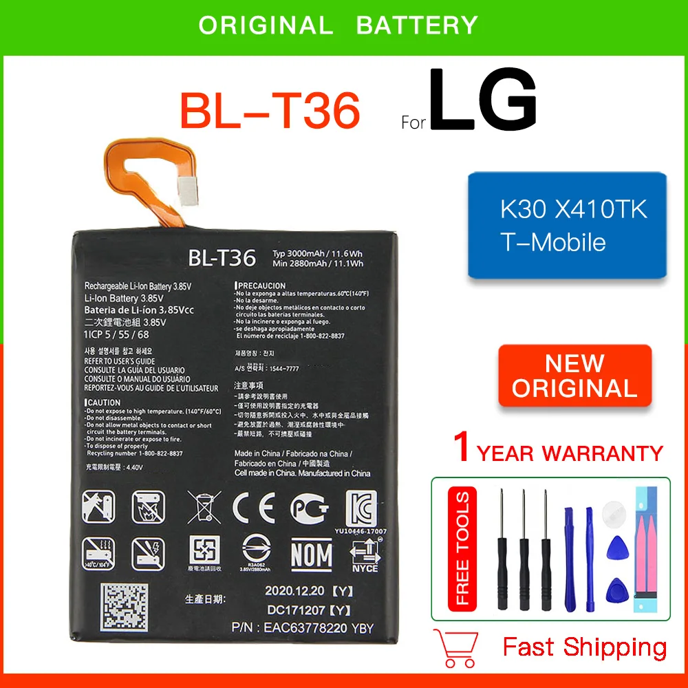 Batteria Sostitutiva Originale Bl-T36 3000Mah Per Lg Harmony 2 K11-2018 K30 K11 Plus 2018, L413Dl X410 X410E/L/S/X/Tk K10 + Tools