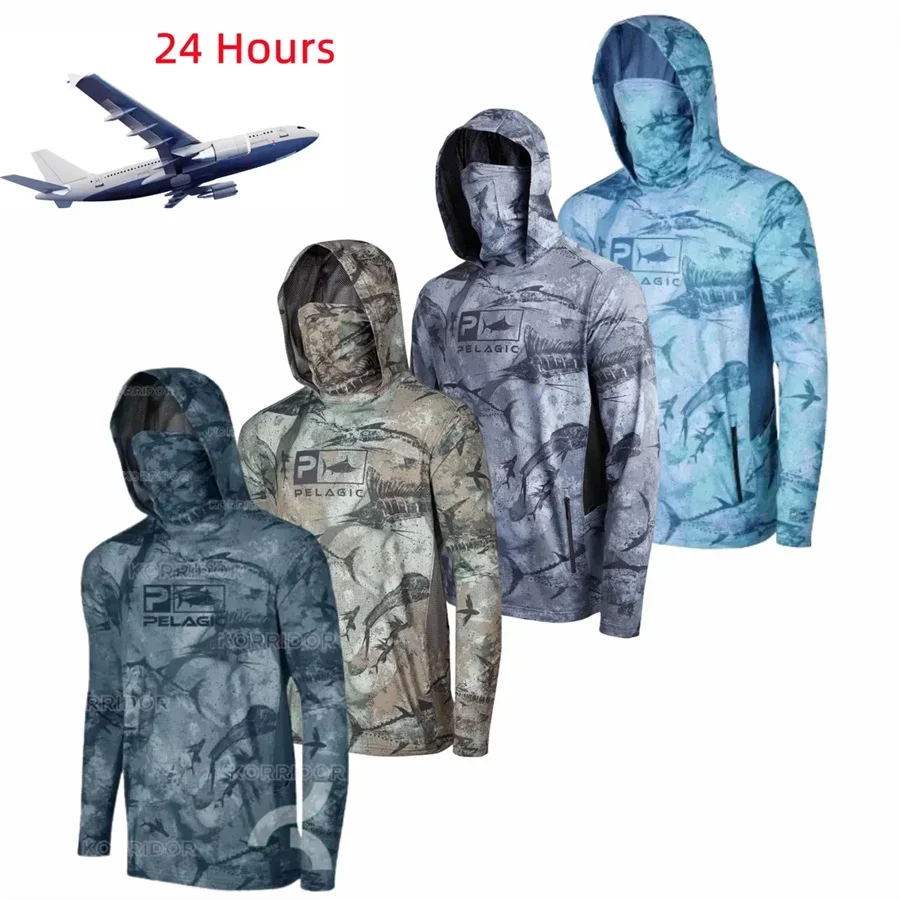 

PELAGIC Fishing Hoodie Shirt Men's Long Sleeve Fishing Shirt UV Protection Hooded Face Mask Fishing Clothing Camisa De Pesca top