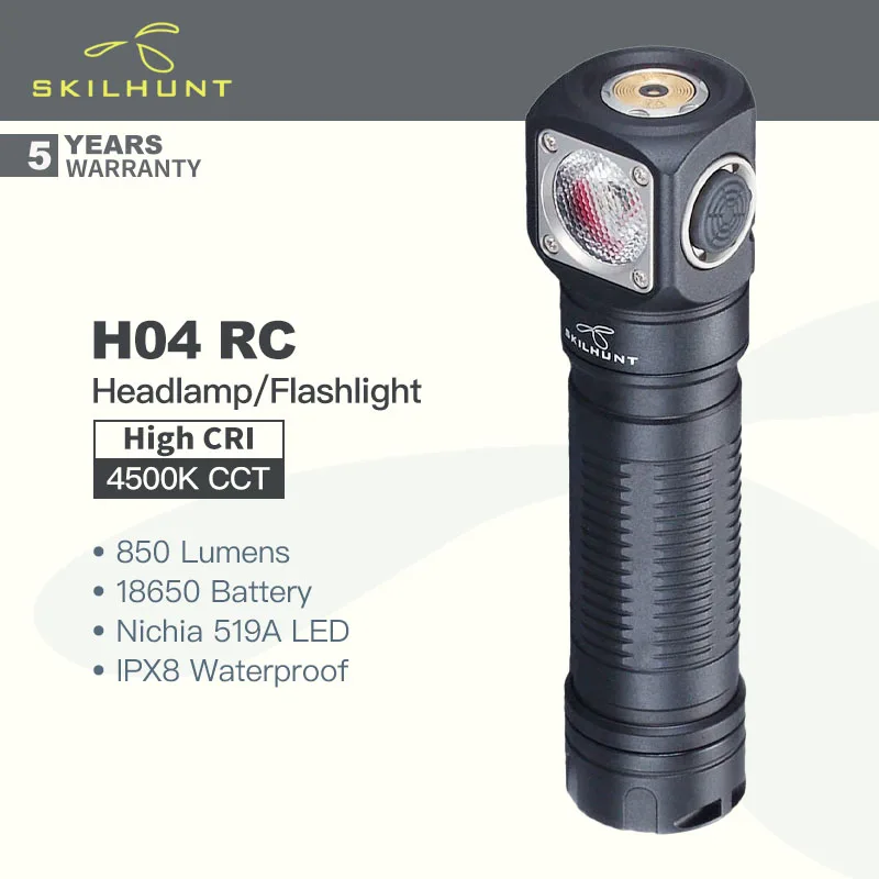 Skilhunt H04 RC (High CRI 버전) 손전등, 헤드램프, 18650 배터리, 850 루멘, TIR 광학, 플러드 빔, EDC, 2 in 1