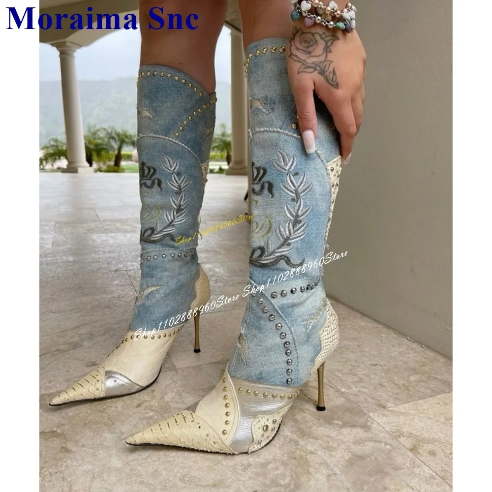 

Western Knee High Mixed Color Splicing Boots Thin High Heel Women Shoes Back Zipper Pointed Toe 2024 Fashion Zapatos Para Mujere