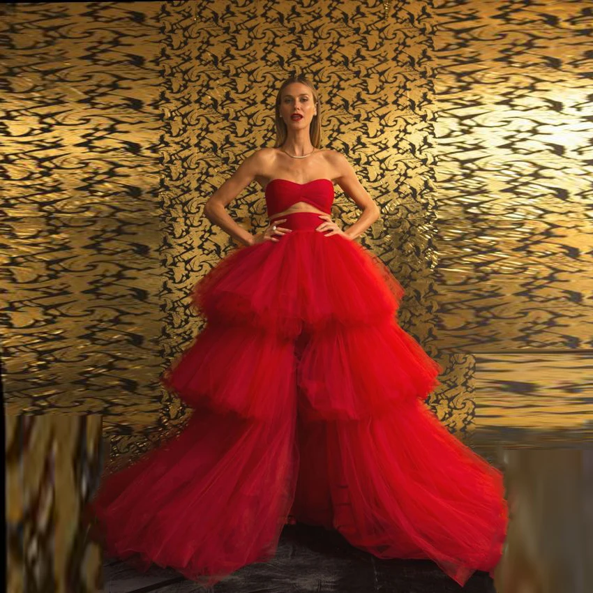 

Gorgeous Red Skirts Tulle Custom Made Puffy Long Maxi Skirt faldas Photoshoot High Waistline Lush Skirts Layered