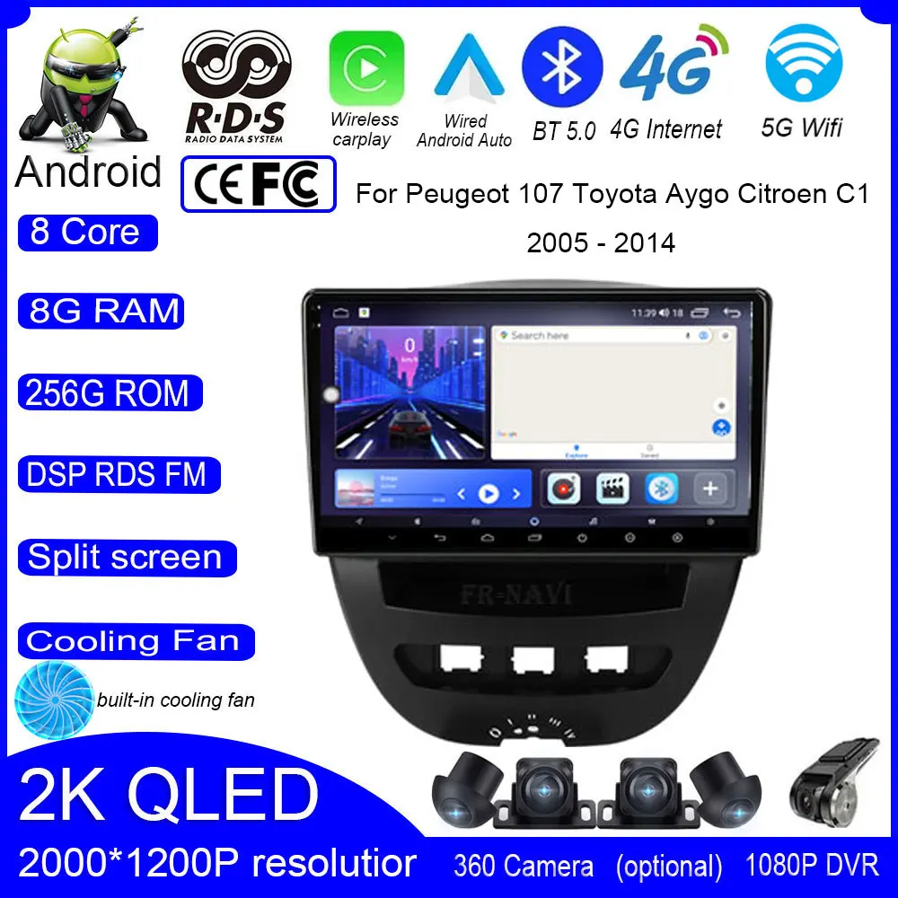 

For Peugeot 107 Toyota Aygo Citroen C1 2005 - 2014 Android 14 Car Radio Video Multimedia Player GPS Navigation 4G Lte+Wifi