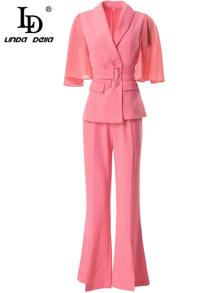 LD LINDA DELLA Designer Runway Spring Pink Pants Set Women's Half sleeve Belted Coat and Flare Pants Two Pieces Set