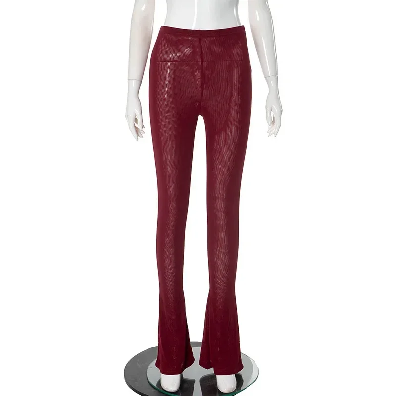 2025 Spring Women See Through Mesh Flare Pants Fashion Sexy High Waist Stretch Boot Cut Trousers Club Party Streetwear Bottoms 2