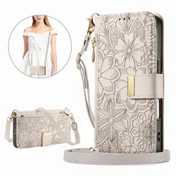 PU Leather Zipper Crossbody Flip Wallet Phone Case with Card Slots and Wrist Strap Cover - Galaxy S23 Ultra (GRAY)