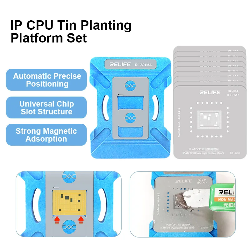 

RELIFE RL-601MA IP CPU Tin Planting Platform Set Universal CPU Reballing Stencil Platform for Phone A8-A17 Series Fixture
