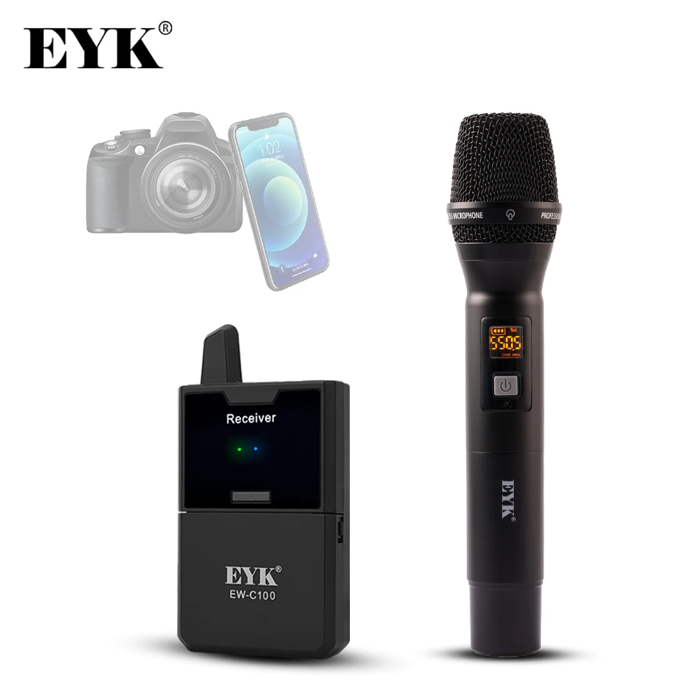 

EYK EW-C100 Single Channel UHF Wireless Handheld Mic with Monitor Function for Smartphone DSLR Cameras Interview Video Recording