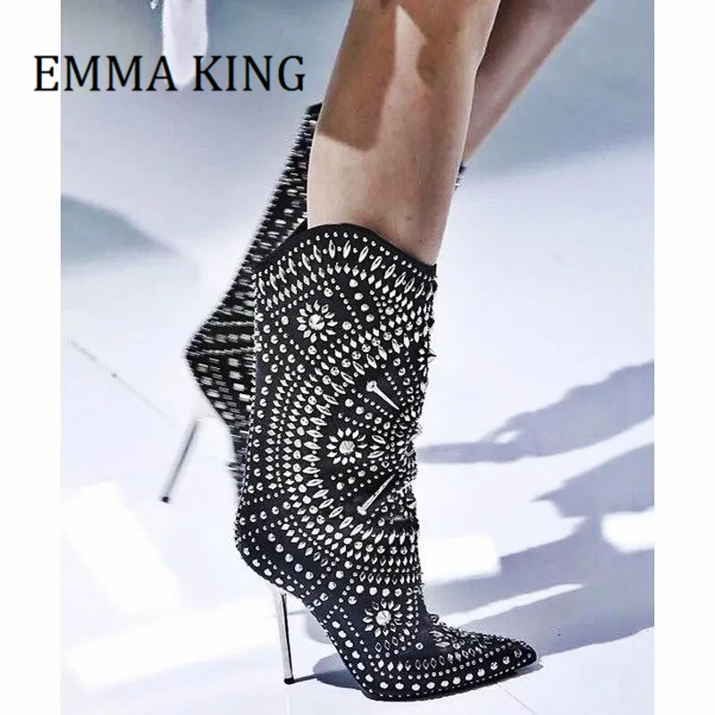 

Women Crystal Embellished Mid-calf Boots Sexy Pointy Toe Iron High Heels Boots Ladies Bling Rhinestone Nightclub Runway Shoes