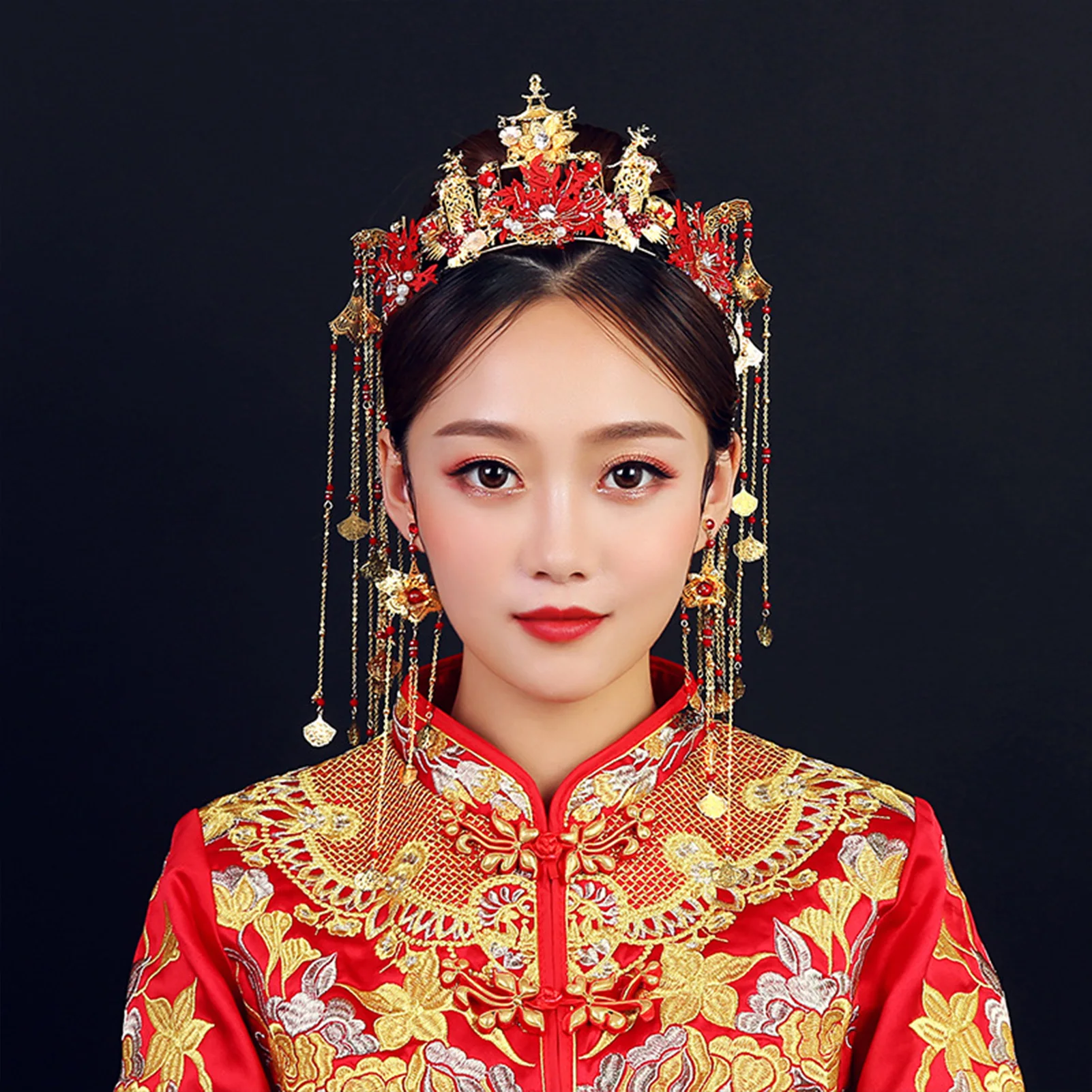 Red Chinese Classical Bridal Wedding Jewelry Sets Long Chains Hanfu